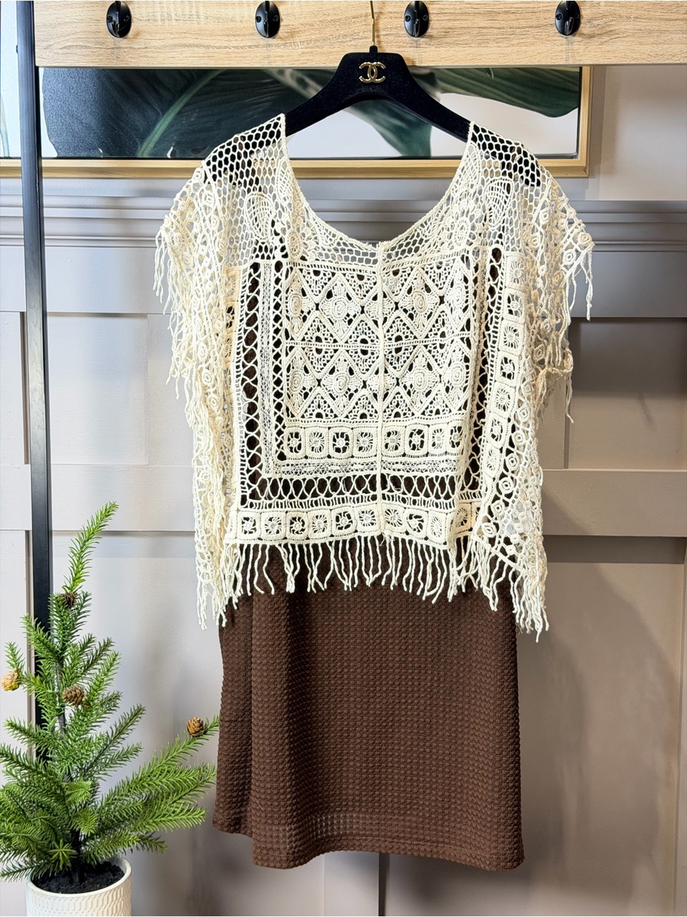 Boho Ecote Crochet Fringe Overlay Top in Cream L